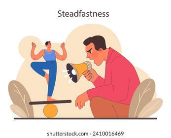 Patience. Calm person meditating and finding balance. Mental or emotional strength, psychological self-control. Strong determination to the objective. Flat vector illustration