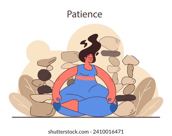 Patience. Calm person meditating and finding balance. Mental or emotional strength, psychological self-control. Strong determination to the objective. Flat vector illustration