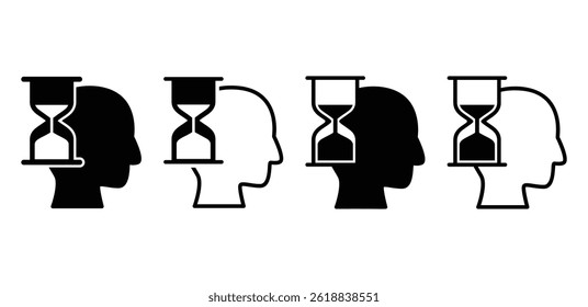 Patience Icon Black and White Hourglass Silhouettes on Human Heads Vector Design Illustration