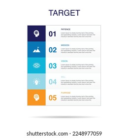 Geduld, Mission, Vision, Wille, Zweck, Symbole Infografische Design-Layout-Vorlage. Kreatives Präsentationskonzept mit 5 Schritten
