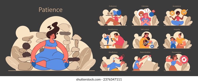 Patience night or dark mode set. Calm person meditating and finding balance. Mental or emotional strength, psychological self-control. Strong determination to the objective. Flat vector illustration