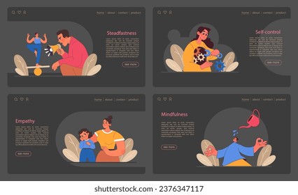 Patience night or dark mode web banner or landing page set. Person finding balance. Mental or emotional strength, psychological self-control. Determination to the objective. Flat vector illustration