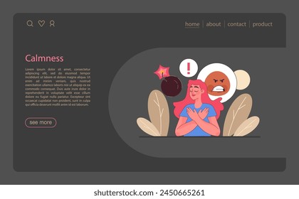 Patience night or dark mode web banner or landing page. Calm person finding balance. Mental strength, psychological self-control. Strong determination to the objective. Flat vector illustration