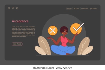 Patience night or dark mode web banner or landing page. Calm person finding balance. Mental strength, psychological self-control. Strong determination to the objective. Flat vector illustration