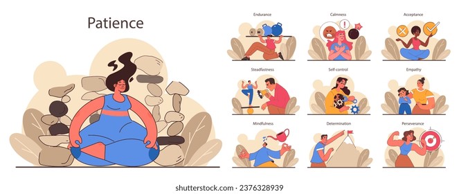 Patience set. Calm person meditating and finding balance. Mental or emotional strength, psychological self-control. Strong determination to the objective. Flat vector illustration