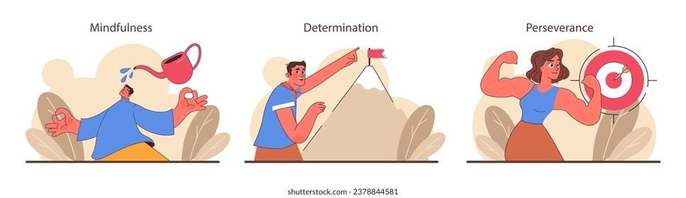 Patience set. Calm person meditating and finding balance. Mental or emotional strength, psychological self-control. Strong determination to the objective. Flat vector illustration