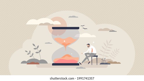 Patience And Slow Time Feeling With Boring Sitting Scene Tiny Person Concept. Idle Business Or Perseverance For Waiting Vector Illustration. Slow Hourglass Countdown Progress And Lazy Forever Emotion.
