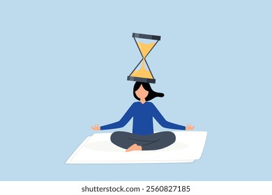 Patience time, calm woman seated with an hourglass on her head cultivating patience. 