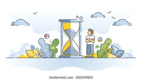 Patience As Wait For Slow, Calm And Inefficient Time In Idle Outline Concept. Bored Businessman Waiting For Delay Vector Illustration. Self Perseverance And Mental Peace With Hourglass Visualization.