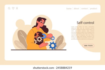 Patience web banner or landing page. Calm person finding balance. Mental or emotional strength, psychological self-control. Strong determination to the objective. Flat vector illustration