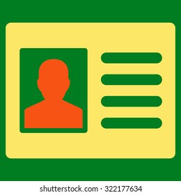 Patient Account vector icon. Style is bicolor flat symbol, orange and yellow colors, rounded angles, green background.