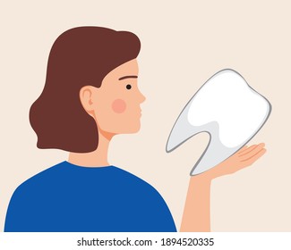 Patient after dental treatment, healthy tooth isolated. Flat vector stock illustration. The concept of caries, pulpitis treatment. Healthy tooth in hand. Female patient illustration