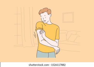 Patient Allergic Reaction, Eczema Symptoms Concept. Man With Rash On Arm, Scared Boy Scratching Itch Pimples, Frightened Guy Skin Irritation In Ankle Area. Simple Flat Vector