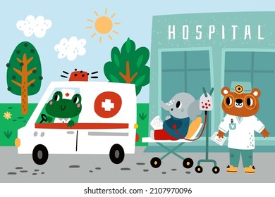 Patient in ambulance. Elephant on medical gurney. Creature loading into car. Bear doctor in uniform. Cartoon animal characters. Treatment in hospital. Medicine and health