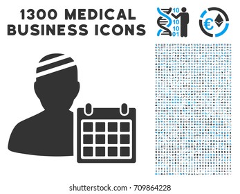 Patient Appointment Calendar grey vector icon with 1300 doctor business pictograms. Clipart style is flat bicolor light blue and gray pictograms.