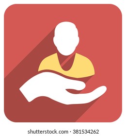 Patient Assistance long shadow vector icon. Style is a flat symbol on a red rounded square button.