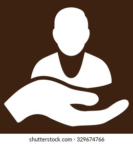 Patient Assistance vector icon. Style is flat symbol, white color, rounded angles, brown background.
