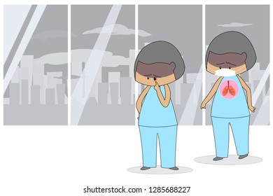 Patient background in the hospital building. 
Air pollution PM 2.5 in dust meter, affects the respiratory system and affects the eyes. Concept flat style vector medical illustration. -EPS10