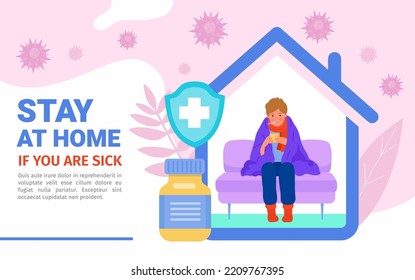 Paciente en cama. Cuarentena de Coronavirus. Quédate en casa. Visita del doctor. Persona enferma en el dormitorio de la casa. Seguridad pandémica de Corona. Atención de enfermería. Atención de la salud. Plantilla de banner de ilustración de vector