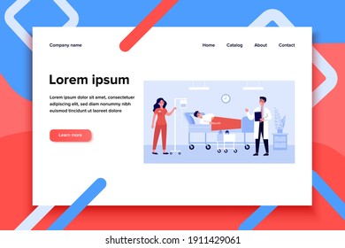 Patient in bed getting intensive therapy in hospital room isolated flat vector illustration. Doctor and nurse with dropper giving medical care. Healthcare and treatment concept
