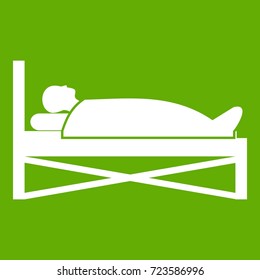 Patient in bed in hospital icon white isolated on green background. Vector illustration