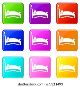 Patient in bed in hospital icons of 9 color set isolated vector illustration