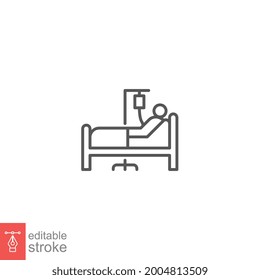 Patient Bed Icon. Medical Treatment. Person In Hospital Bed. Man Having Infusion. Lying On Stretcher Bed, Recovery Outline Style Editable Stroke. Vector Illustration Design On White Background EPS 10