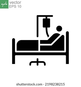 Patient Bed Icon. Medical Treatment. Person In Hospital Bed. Man Having Infusion And Lying On Stretcher Bed For Recovery. Solid Style. Vector Illustration. Design On White Background. EPS 10