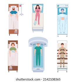 Patient in bed. Ill cartoon characters in hospital bed emergency procedures for help persons exact vector patient top view