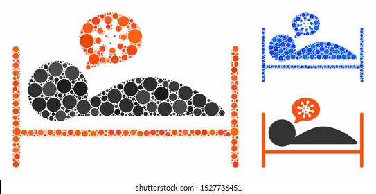 Patient bed mosaic of small circles in various sizes and color tints, based on patient bed icon. Vector random circles are composed into blue mosaic.