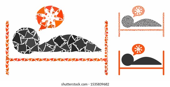 Patient bed mosaic of tremulant elements in different sizes and shades, based on patient bed icon. Vector tremulant elements are organized into collage. Patient bed icons collage with dotted pattern.