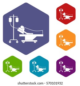Patient in bed on a drip icons set rhombus in different colors isolated on white background