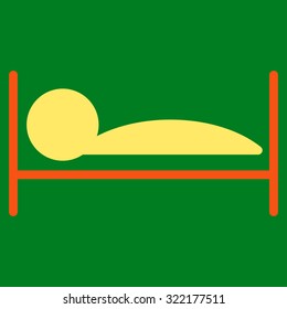 Patient Bed vector icon. Style is bicolor flat symbol, orange and yellow colors, rounded angles, green background.