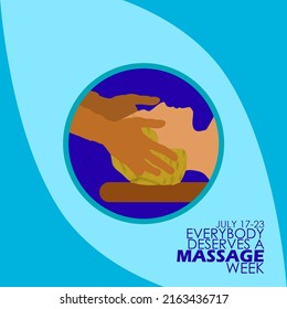 A patient being massaged his head by a massager in a circle with bold texts on blue background, Everybody Deserves A Massage Week July 17-23