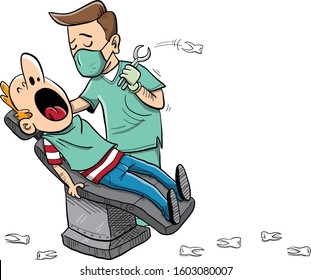 patient with big open mouth sitting on dentist chair extracting teeth