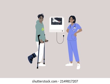 A patient with a bone fracture using crotches on a checkup appointment with a doctor, an x-ray light box on the wall