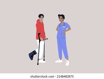 A patient with a bone fracture using crutches on a checkup appointment with a doctor