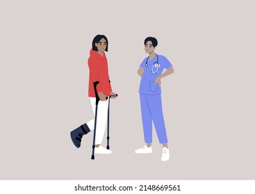 A patient with a bone fracture using crutches on a checkup appointment with a doctor