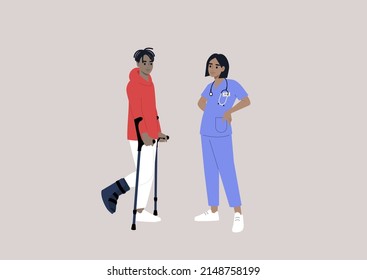 A patient with a bone fracture using crutches on a checkup appointment with a doctor
