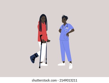 A patient with a bone fracture using crutches on a checkup appointment with a doctor
