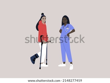 A patient with a bone fracture using crutches on a checkup appointment with a doctor
