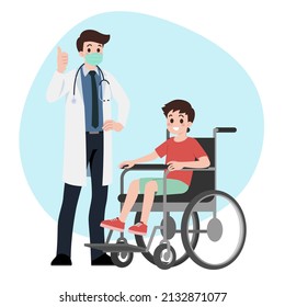 Patient Boy Sit On A Wheel Chair With Primary Care Physician Man At Hospital Office. Clinic Appointment Meeting With Doctor, Giving Medical Care About Checkup Results. Vector Character Illustration.