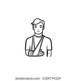 Patient with broken arm hand drawn outline doodle icon. Male patient standing with bandage at arm. Traumatology concept. Vector sketch illustration for print, web and infographics on white background.