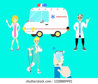 patient broken leg and arm bone, hands holding mobile phone calling ambulance  car with male and female doctor,stethoscope in cyan background flat vector illustration cartoon character design 