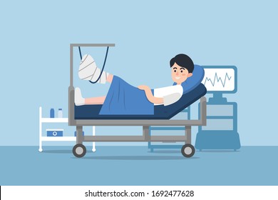 Patient With Broken Leg Lying In Hospital. Hospitalization Of The Patient. A Sick Person Is In A Bed.