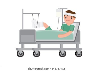 Patient With Broken Leg Lying In Hospital. Hospitalization Of The Patient. A Sick Person Is In A Bed . Vector 