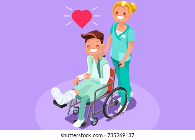 Patient with broken leg and plaster cast. Flat isometric people vector medical illustration