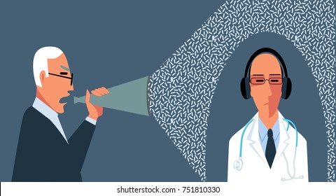 Patient with a bullhorn attempting to communicate with a doctor in a noise cancelling headphones, EPS 8 vector illustration