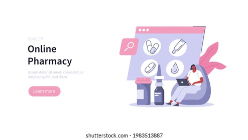 Patient buying  medicine pills and bottles in online drugstore. Online pharmacy store and health care concept. Flat cartoon vector illustration.