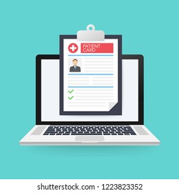 Patient card concept. Laptop with medical clipboard. Vector stock illustration